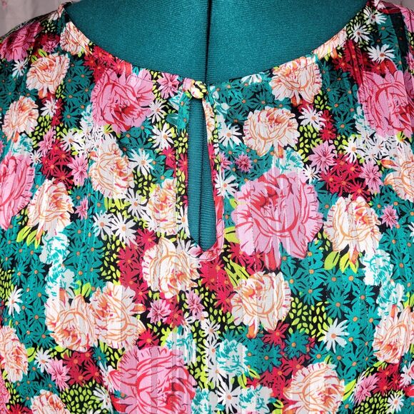 Melloday Pink Teal‎ Floral Puff Sleeve Plissé Easter Bloomcore Minidress Size XL - Picture 3 of 8